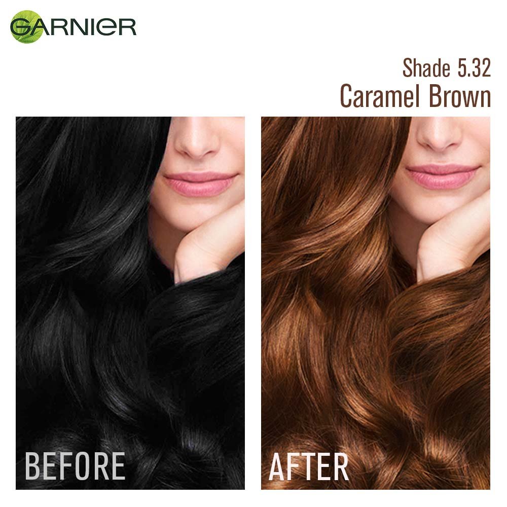 Garnier Hair Color Pouch Caramel Brown - Before After Image