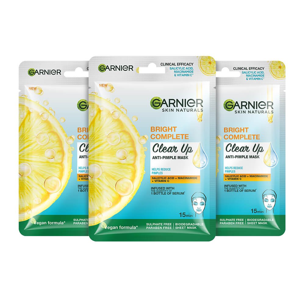 Garnier Bright Complete Anti Pimple Sheet Mask, Pack of 3