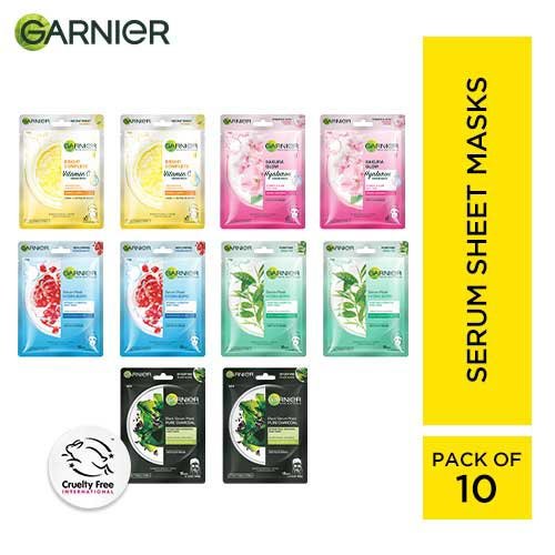 Garnier Sheet Masks Pack of 10 - Charcoal + Sakura + Bright Complete + Green Tea + Hydrabomb