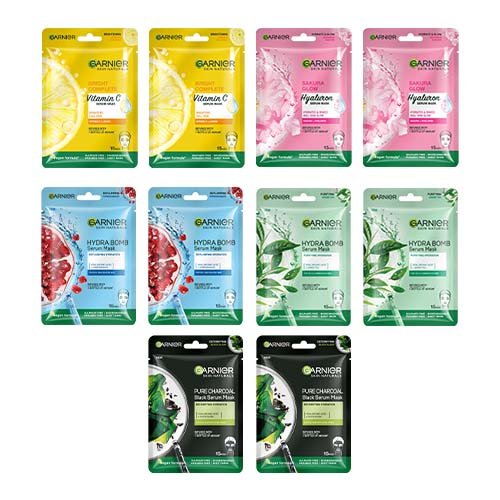 Garnier Sheet Masks Pack of 10 - Charcoal + Sakura + Bright Complete + Green Tea + Hydrabomb