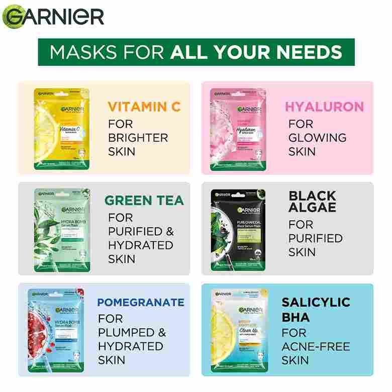 Garnier Sheet Masks Pack of 10 - Charcoal + Sakura + Bright Complete + Green Tea + Hydrabomb"