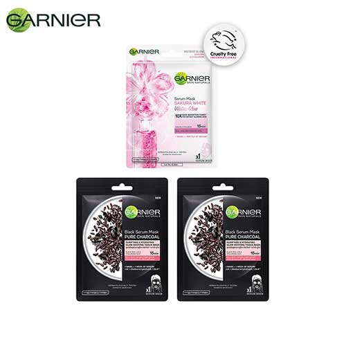 Garnier Sheet Mask Combo Pack of 3 - 1 Sakura White Water Glow Mask + 2 Charcoal Black Rice Sheet Masks