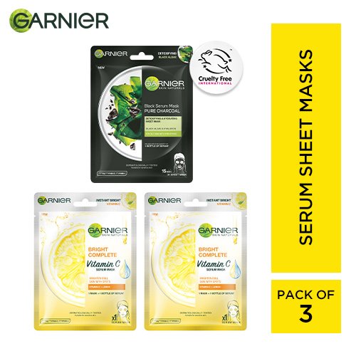 Garnier Sheet Mask Combo Pack of 3 - 2 Bright Complete + 1 Charcoal