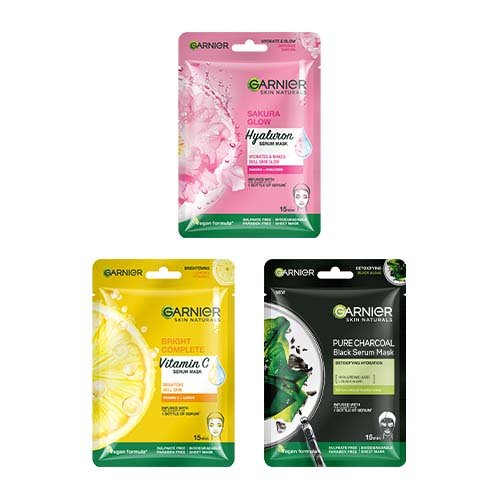 Garnier Sheet Mask Combo Pack of 3 - 1 Bright Complete + 1 Sakura White + 1 Charcoal