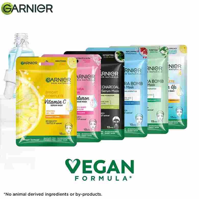 Garnier Sheet Mask Combo Pack of 3 - 1 Bright Complete + 1 Sakura White + 1 Charcoal