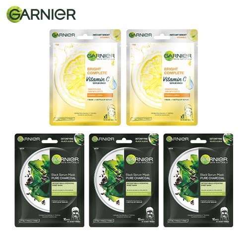 Garnier Sheet Mask Combo Pack of 5 - 3 Charcoal + 2 Bright Complete