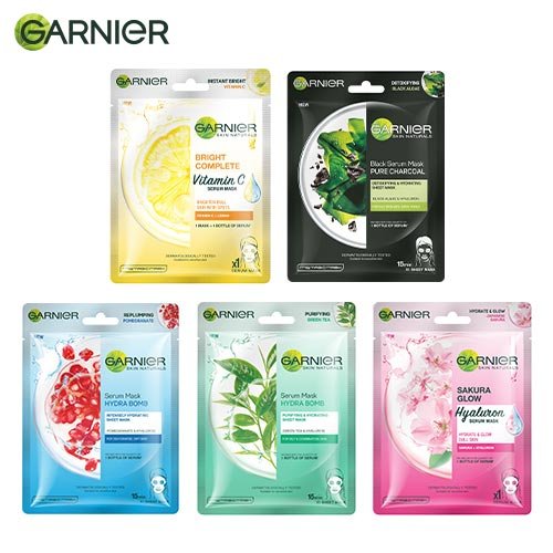 Garnier Sheet Mask Combo Pack of 5 - Charcoal + Sakura White + Bright Complete + Green Tea + Hydrabomb