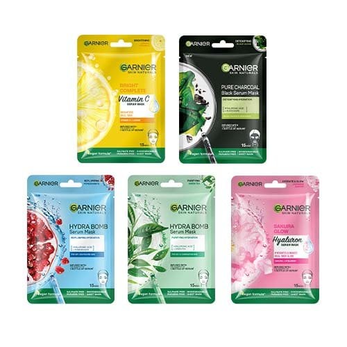 Garnier Sheet Mask Combo Pack of 5 - Charcoal + Sakura White + Bright Complete + Green Tea + Hydrabomb