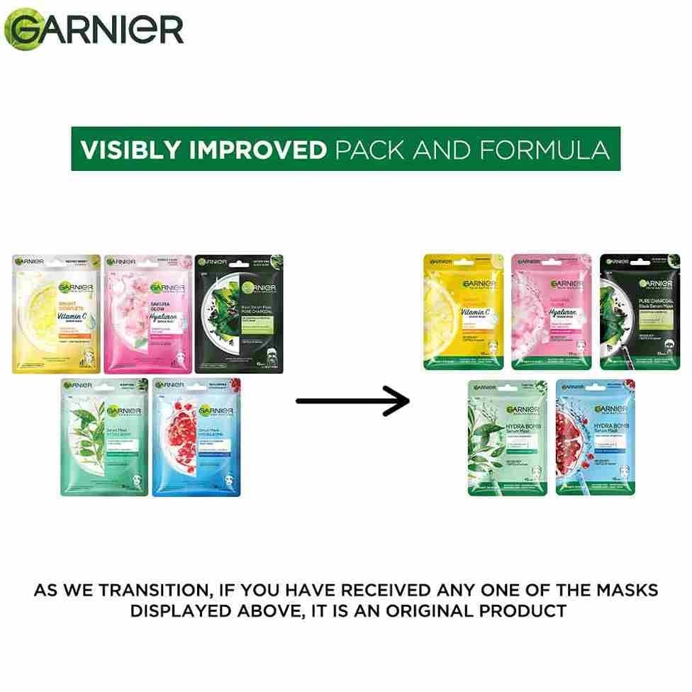 Garnier Sheet Mask Combo Pack of 5 - Charcoal + Sakura White + Bright Complete + Green Tea + Hydrabomb