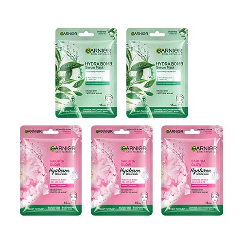 Garnier Sheet Mask Combo Pack of 5 - 2 Green Tea + 3 Sakura