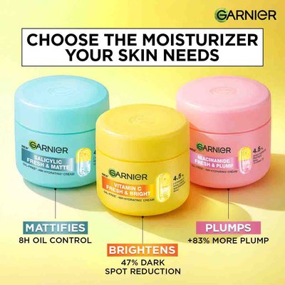 Garnier Vitamin C, Salicylic Acid and Niacinamide face cream range for brightening, matte and plump skin